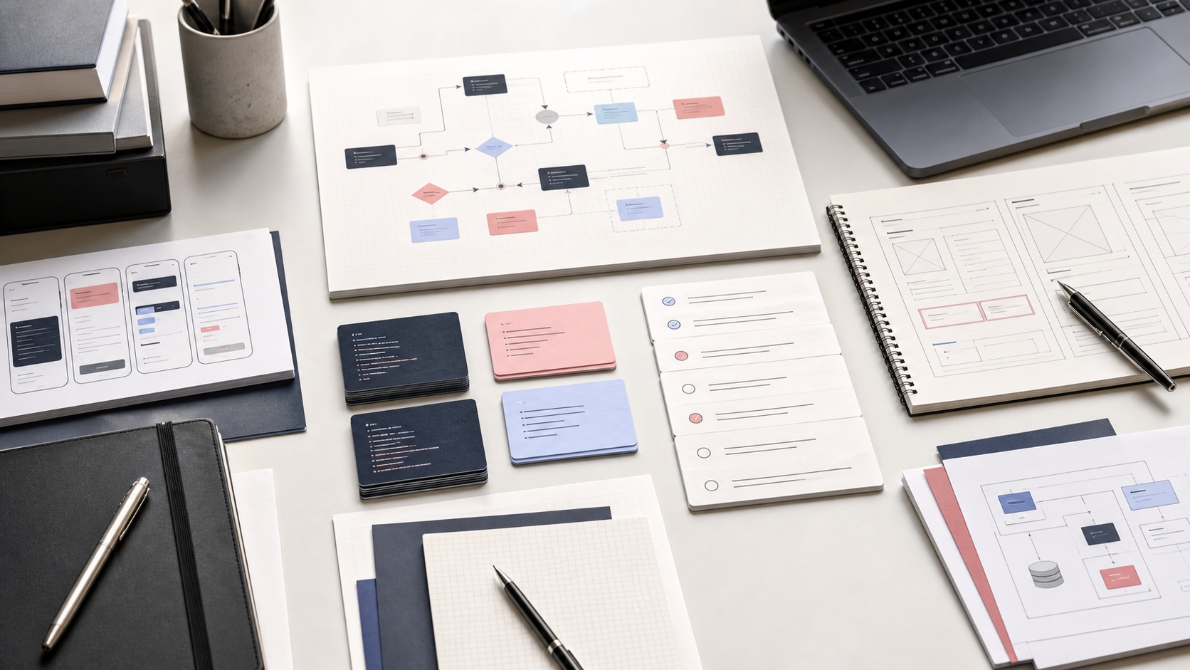 Software project deliverables arranged on a desk, including workflow maps, interface sketches, and validation notes.