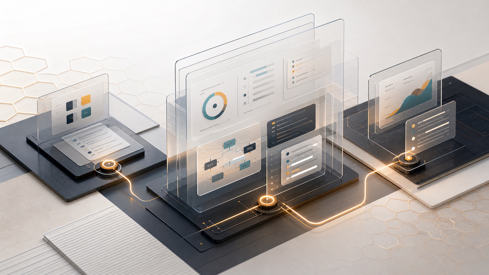 Layered software system panels connected across workflow, dashboard, and reporting surfaces.